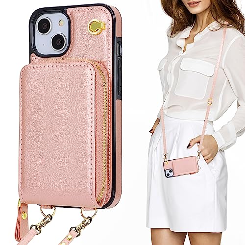 KIHUWEY Crossbody Wallet Case for iPhone 13 iPhone 14, Zipper Pocket Case with Card Holder, PU Leather RFID Protective Cover Case with Kickstand Detachable Wrist Strap Lanyard 6.1 inch (Rose Gold) von KIHUWEY