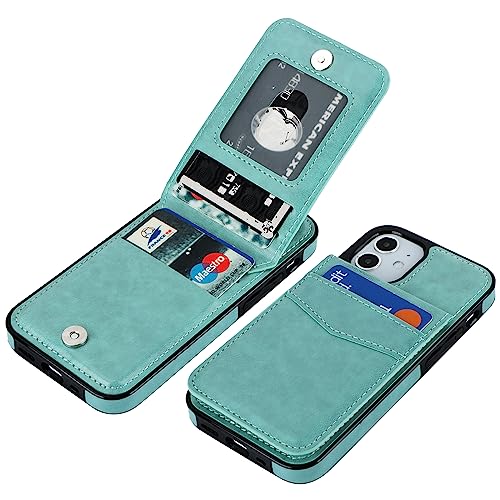 KIHUWEY Kompatibel mit iPhone 12 Mini Hülle Wallet mit Kreditkartenhalter, Premium-Leder, Magnetverschluss, Ständer, robuste Schutzhülle für iPhone 12 Mini 5,4 Zoll (Minzgrün) von KIHUWEY
