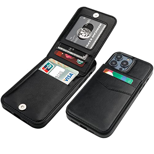 KIHUWEY Kompatibel mit iPhone 14 Pro Hülle, Brieftasche mit Kreditkartenfach, Flip-Premium-Leder, Magnetverschluss, Ständer, robuste Schutzhülle für iPhone 14 Pro 6,1 Zoll (15,5 cm) (Schwarz) von KIHUWEY