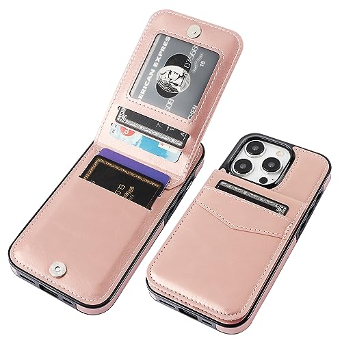 KIHUWEY Kompatibel mit iPhone 15 Pro Hülle Wallet mit Kreditkartenhalter, Flip Premium Leder Magnetverschluss Kickstand Heavy Duty Schutzhülle für iPhone 15 Pro 6,1 Zoll (Roségold) von KIHUWEY
