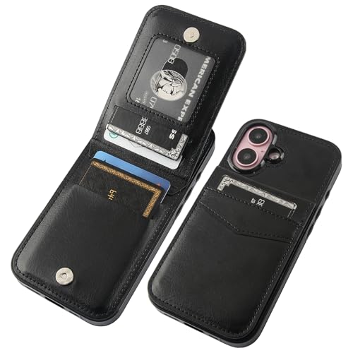 KIHUWEY Kompatibel mit iPhone 16 Hülle, Brieftasche mit Kreditkartenfach, Flip-Premium-Leder, Magnetverschluss, Ständer, robuste Schutzhülle für iPhone 16, 15,5 cm (6,1 Zoll) (schwarz) von KIHUWEY