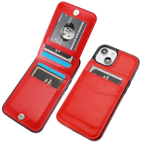 KIHUWEY Handyhülle Lederhülle für iPhone 14 (6,1 Zoll), kompatibel mit iPhone 14, Brieftaschenformat, mit Kreditkartenfach, Premium-Leder, Magnetverschluss, Ständer, robuste Schutzhülle, 15,5 cm von KIHUWEY