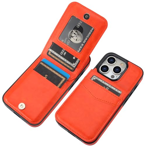 KIHUWEY Schutzhülle für iPhone 15 Pro, Brieftaschenformat, mit Kreditkartenfach, Premium-Leder, Magnetverschluss, Ständer, robuste Schutzhülle für iPhone 15 Pro 6,1 Zoll (15,5 cm), Orange von KIHUWEY