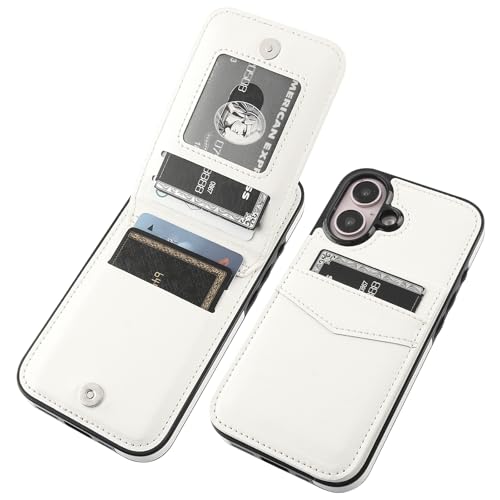 KIHUWEY Schutzhülle für iPhone 16, mit Kreditkartenfach, Flip, Premium-Leder, Magnetverschluss, Ständer, robuste Schutzhülle für iPhone 16, 15,5 cm (6,1 Zoll), Weiß von KIHUWEY
