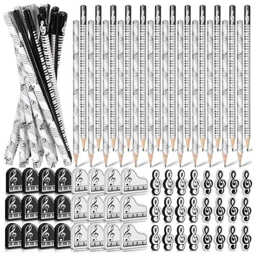 KIKAPA Musik-Bleistifte mit Musiknoten-Bleistift mit Musik-Themen-Radiergummis, Holzstifte, Großpackung, Tastatur, Spaß-Bleistifte, Radiergummis, Geschenk (96 Stück) von KIKAPA