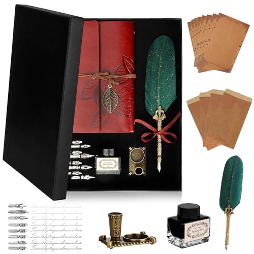 KIMIGO Handgemachte Dip Pen,Dip Quill Pen,Schreibfeder Kalligraphie Feder mit Stifthalter,Leder-Notizbuch,Tinte,8 Ersatzspitzen,Stifthalter,Brief und Umschlag,Vintage Schreibset für Geschenkideen KIMIGO Handgemachte Dip Pen,Dip Quill Pen,Schreibfeder Kalligraphie Feder mit Stifthalter,Leder-Notizbuch,Tinte,8 Ersatzspitzen,Stifthalter,Brief und Umschlag,Vintage Schreibset für Geschenkideen von KIMIGO
