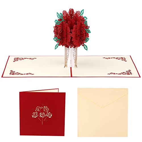 3D Pop up Valentinskarte, 3D-Blumenkarten Rosenstrauß Grußkarte mit Umschlag für Valentinstag Hochzeit Muttertag (5,9 x 5,9 Zoll) von KINBOM