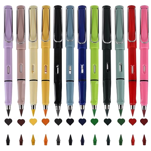 KINBOM 12 Stück Colours Forever Bleistift mit Radierer, Tragbarer Wiederverwendbarer Endlosstift mit 12 Austauschbaren Spitzen Tintenloser Bleistift Ewig für Schülerbüro Schule von KINBOM