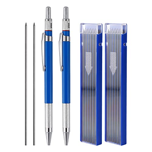 KINBOM 2 Stck Streak Bleistift Baustelle mit Eingebautem Spitzenspitzer, 24 Stck 2mm Runde Bleistiftminen, Mechanical Pencils für den Bau Metallmarker Schweißer Klempner (Blau) von KINBOM