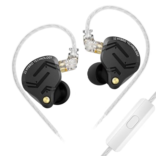 KINBOOFI KZ ZS12 PRO X In-Ear-Kopfhörer, IEM-Kopfhörer, 1 DD + 5 BA Hybrid-Gaming-Ohrhörer, mit 2-Pin-Kabel für Audiophile (Dunkelschwarz, mit Mikrofon) von KINBOOFI
