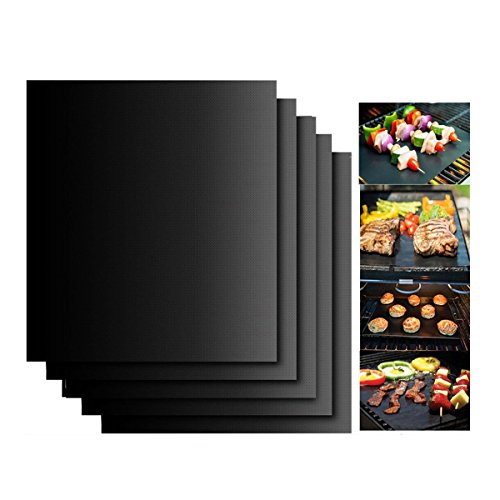 KINGCOO 5 Stücke BBQ Grillmatte Kochen Matte, Wiederverwendbare Antihaft Backmatte Ofen Liner für Kohle,Gas Grillen Herd Kochen und Backen 40x33 cm (Schwarz) von KINGCOO