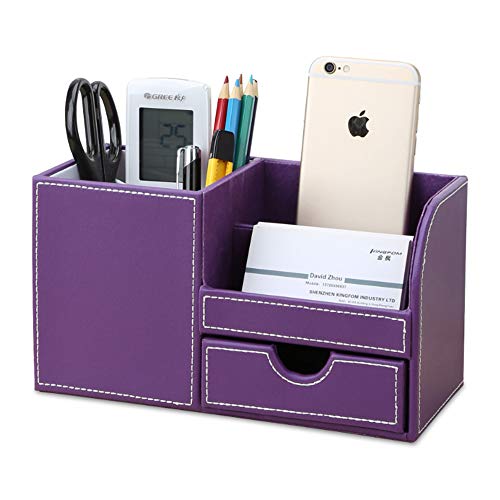 KINGFOM Büro Schreibtisch Organizer Ordnungssystem 4 Speicherabteil PU Leder Stiftebox Stifteköcher Bürobedarf (Lila) von KINGFOM