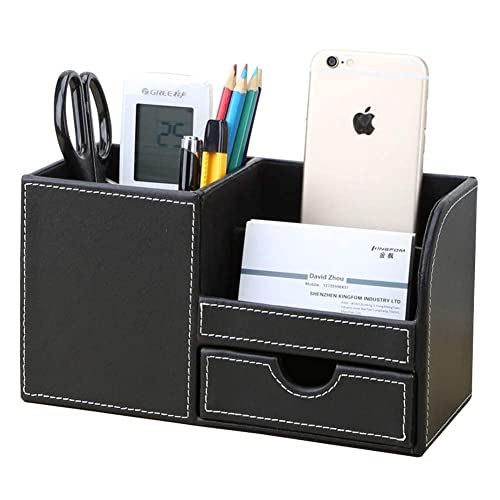 KINGFOM Büro Schreibtisch Organizer Ordnungssystem 4 Speicherabteil PU Leder Stiftebox Stifteköcher Bürobedarf (Schwarz) von KINGFOM