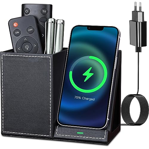 KINGFOM Stiftehalter Schreibtisch Organizer mit Wireless Charger, 2 in 1 Induktive Ladestation für iPhone 14/13/12 Series, Samsung Galaxy S23/S22/S21 (106-‎Schwarz) von KINGFOM