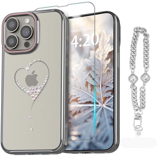 KINGXBAR Bling Herz f?r iPhone 15 Pro H?lle niedliche funkelnde Kristalle f?r Frauen, Anti-Abzieh-Luxus-Beschichtung, girly durchsichtige Schutzh?lle 15,5 cm f?r Titangrau Silber von KINGXBAR