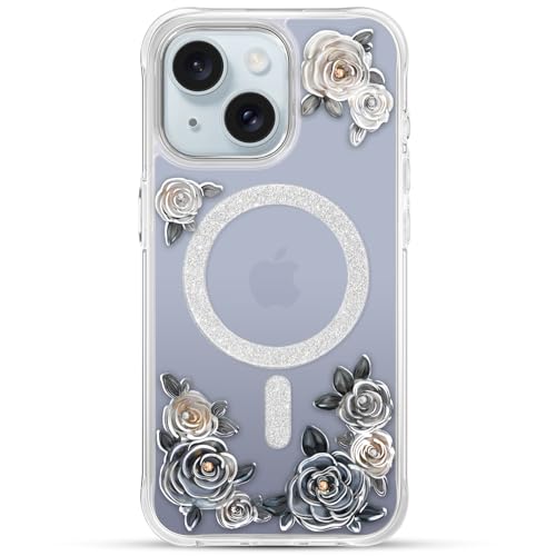 KINGXBAR Schutzhülle für iPhone 15, transparent, glitzernd, niedlich, für Frauen und Mädchen, 3D-Retro-Blumen, kompatibel mit Magsafe magnetischer Handyhülle 6,1 Zoll, Violett von KINGXBAR
