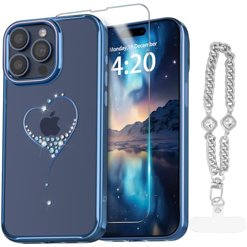 KINGXBAR Schutzhülle für iPhone 15 Pro (6,1 Zoll), glitzerndes Herz, transparent, niedlich, glänzend, luxuriös, glitzernde Kristalle, 15,5 cm (6,1 Zoll), für blaues Titan von KINGXBAR
