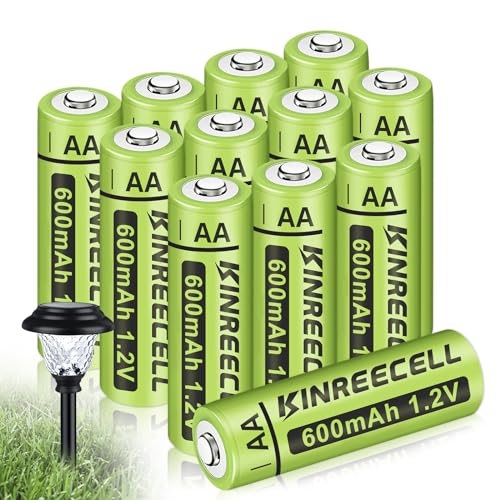 KINREECELL Wiederaufladbare AA-Batterien, NI-MH-Doppel-A-Solarbatterien mit Reale Kapazität, 1.2 V vorgeladen für Solarleuchten, Lichterketten, Solar-Wegeleuchten (AA-600 mAh, 12 Stück) von KINREECELL