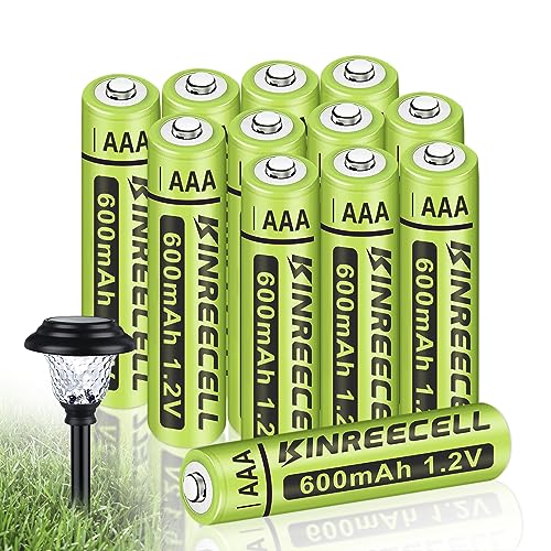 KINREECELL Wiederaufladbare AAA-Batterien, NI-MH-Triple-A-Solarbatterien mit echter Kapazität, 1.2 V vorgeladen für Solarleuchten, Lichterketten, Solar-Wegeleuchten (AAA-600 mAh, 12 Stück) von KINREECELL