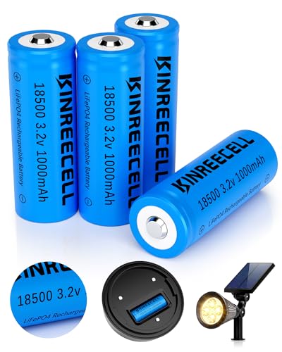 LiFePO4 18500 3.2v 1000mAh 3.2wh Solar Batterie, 18500 3.2 Volt wiederaufladbare Li-Ion Batterie für Outdoor Solarleuchten, Garten Solarleuchten, Taschenlampe (4 Pack) von KINREECELL