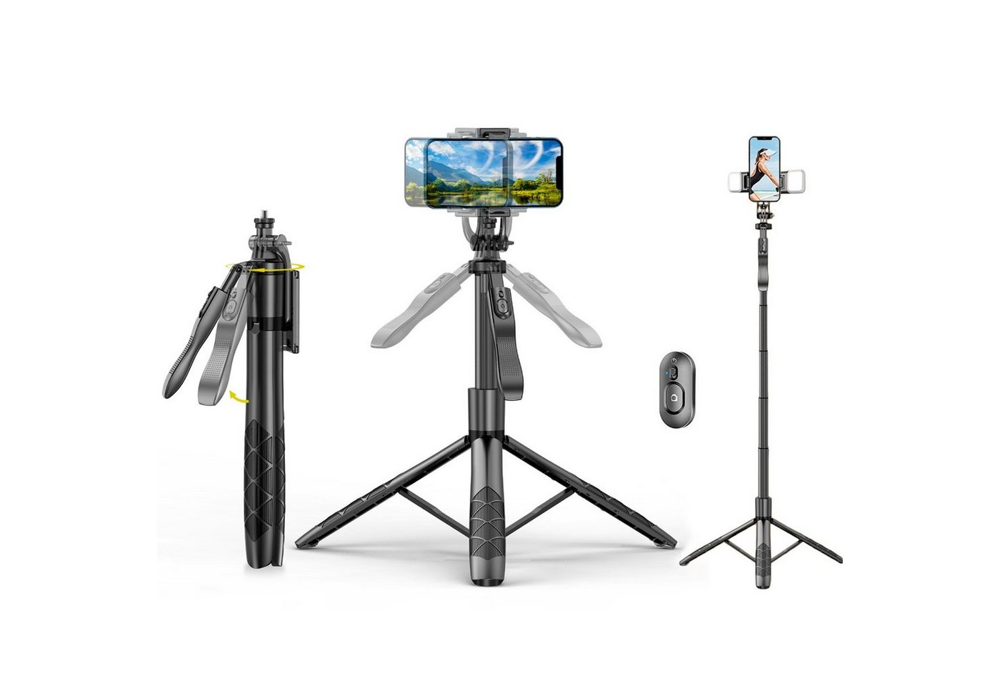 KINSI Selfie-Stange, Bluetooth Selfie Stock Stativ, mit 2 Stück Aufhelllicht Gimbal (Selfiestick (3 in 1 Mini Selfiestick) von KINSI