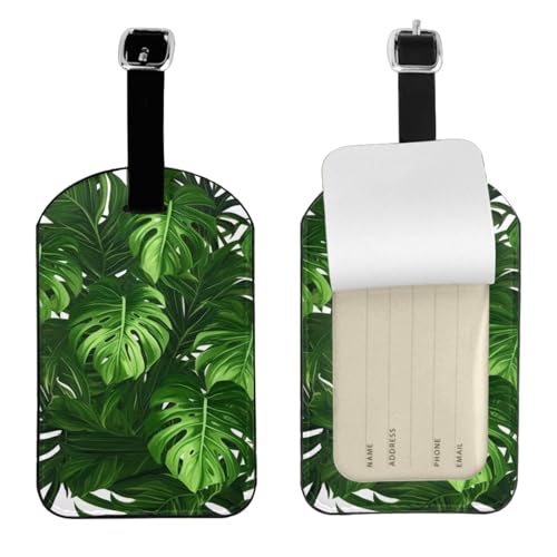 1 x Kofferetiketten aus Leder, Monstera Deliciosa Bananenpalmen-Druck, Gepäckanhänger, wasserdicht, Reisegepäckanhänger mit verstellbarem Gurt und verstecktem Informationsfenster, 7 cm x 11 cm von KIPOSTYZTT