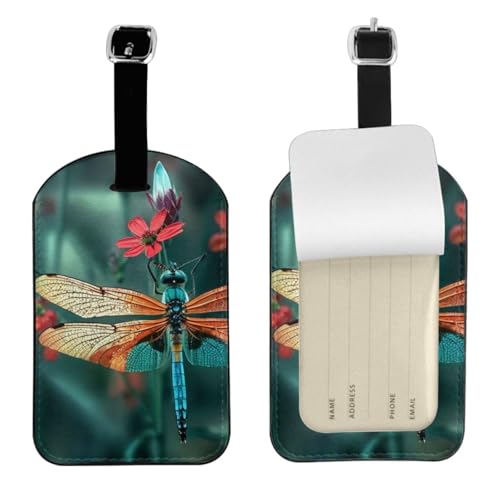 Gepäckanhänger aus Leder, Motiv: Libelle auf der Blume, wasserdicht, Reisegepäckanhänger mit verstellbarem Gurt und verstecktem Informationsfenster, 7 x 11 cm, 1 Stück Gepäckanhänger aus Leder, Motiv: Libelle auf der Blume, wasserdicht, Reisegepäckanhänger mit verstellbarem Gurt und verstecktem Informationsfenster, 7 x 11 cm, 1 Stück von KIPOSTYZTT