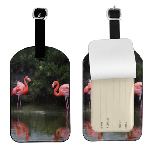 Kofferetiketten aus Leder, 2 Flamingos, wasserdicht, Reisegepäckanhänger mit verstellbarem Gurt und verstecktem Informationsfenster, 7 x 11 cm, 1 Stück von KIPOSTYZTT