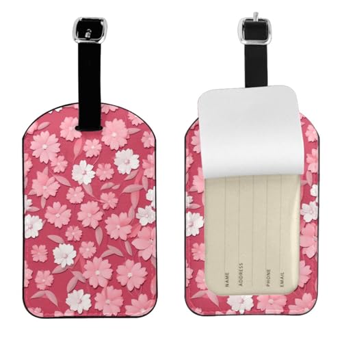 Kofferetiketten aus Leder, Blumenstruktur, rosa Druck, Gepäckanhänger, wasserdicht, Reisegepäckanhänger mit verstellbarem Gurt und verstecktem Informationsfenster, 7 cm x 11 cm, 1 Stück von KIPOSTYZTT