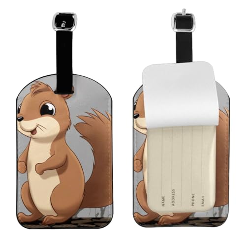 Kofferetiketten aus Leder, Cartoon-Eichhörnchen-Druck, Gepäckanhänger, wasserdicht, Reisegepäckanhänger mit verstellbarem Gurt und verstecktem Informationsfenster, 7 cm x 11 cm, 1 Stück von KIPOSTYZTT