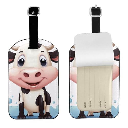 Kofferetiketten aus Leder, Cartoon-Milchkuh-Druck, Gepäckanhänger, wasserdicht, Reisegepäckanhänger mit verstellbarem Gurt und verstecktem Informationsfenster, 7 cm x 11 cm, 1 Stück von KIPOSTYZTT