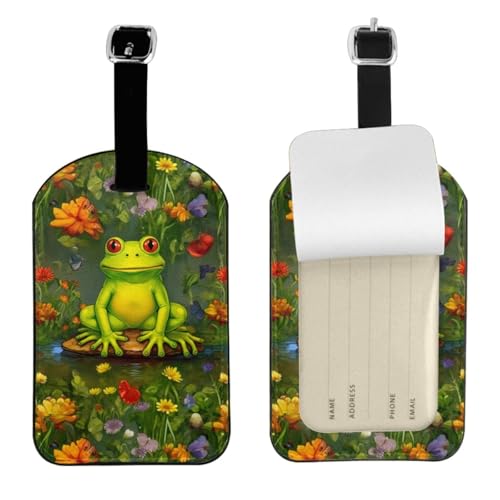 Kofferetiketten aus Leder, Frosch-Druck, wasserdicht, Reisegepäckanhänger, mit verstellbarem Gurt und verstecktem Informationsfenster, 7 x 11 cm, 1 Stück von KIPOSTYZTT