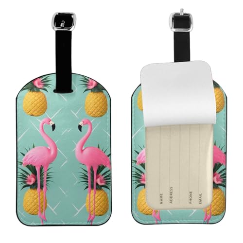 Kofferetiketten aus Leder, Motiv: Flamingo, Ananas, wasserdicht, Reisegepäckanhänger, mit verstellbarem Gurt und verstecktem Informationsfenster, 7 x 11 cm, 1 Stück von KIPOSTYZTT
