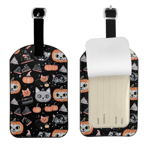 Kofferetiketten aus Leder, Motiv: Halloween, Kürbis, Katze, Gepäckanhänger, wasserdicht, Reisegepäckanhänger mit verstellbarem Gurt und verstecktem Informationsfenster, 7 x 11 cm, 1 Stück von KIPOSTYZTT