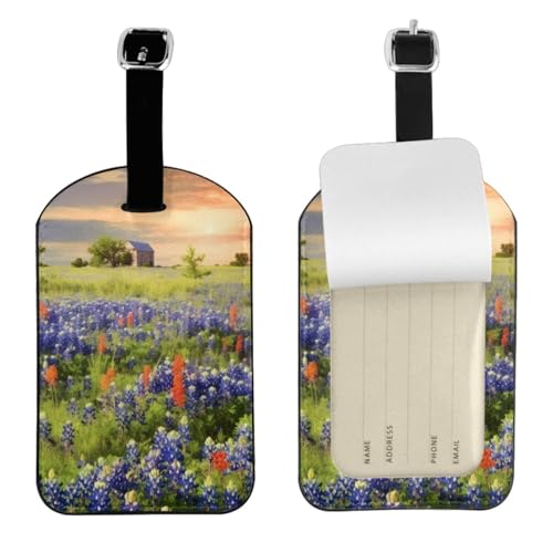 Kofferetiketten aus Leder, Motiv: Texas Bluebonnets, Landschaftsdruck, Gepäckanhänger, wasserdicht, Reisegepäckanhänger mit verstellbarem Gurt und verstecktem Informationsfenster, 7 x 11 cm, 1 Stück von KIPOSTYZTT