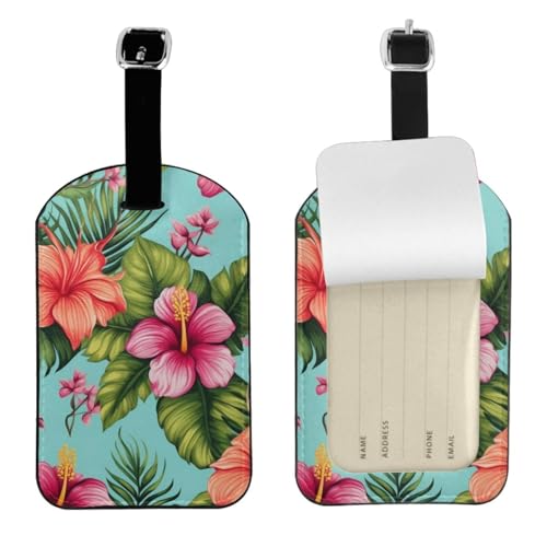 Kofferetiketten aus Leder, Motiv: hawaiianische tropische Blätter, Blumen, Gepäckanhänger, wasserdicht, Reisegepäckanhänger mit verstellbarem Gurt und verstecktem Informationsfenster, 7 cm x 11 cm, 1 von KIPOSTYZTT