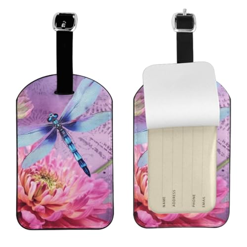 Kofferetiketten aus Leder, Motiv: rosa Blumen und Libellen, wasserdicht, Reisegepäckanhänger mit verstellbarem Gurt und verstecktem Informationsfenster, 7 x 11 cm, 1 Stück Kofferetiketten aus Leder, Motiv: rosa Blumen und Libellen, wasserdicht, Reisegepäckanhänger mit verstellbarem Gurt und verstecktem Informationsfenster, 7 x 11 cm, 1 Stück von KIPOSTYZTT