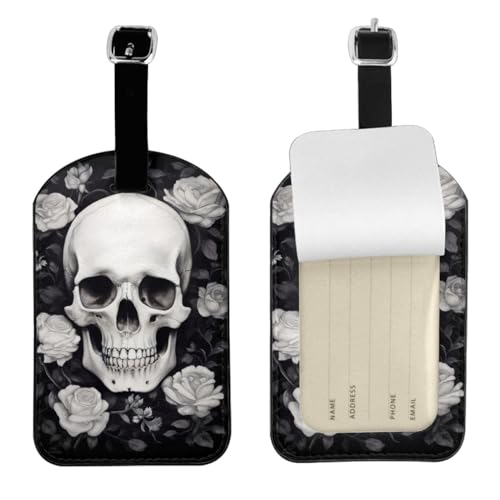 Kofferetiketten aus Leder, Motiv: weiße Blumen und Totenkopf, wasserdicht, Reisegepäckanhänger, mit verstellbarem Gurt und verstecktem Informationsfenster, 7 x 11 cm, 1 Stück Kofferetiketten aus Leder, Motiv: weiße Blumen und Totenkopf, wasserdicht, Reisegepäckanhänger, mit verstellbarem Gurt und verstecktem Informationsfenster, 7 x 11 cm, 1 Stück von KIPOSTYZTT