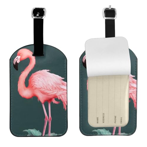 Kofferetiketten aus Leder, handbemalt, Flamingo-Vogel-Druck, Gepäckanhänger, wasserdicht, Reisegepäckanhänger mit verstellbarem Gurt und verstecktem Informationsfenster, 7 cm x 11 cm, 1 Stück von KIPOSTYZTT