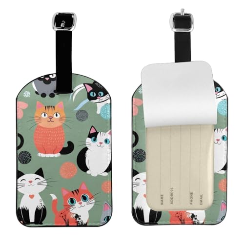 Kofferetiketten aus Leder, niedlicher Cartoon-Katzen-Druck, Gepäckanhänger, wasserdicht, Reisegepäckanhänger mit verstellbarem Gurt und verstecktem Informationsfenster, 7 cm x 11 cm, 1 Stück von KIPOSTYZTT