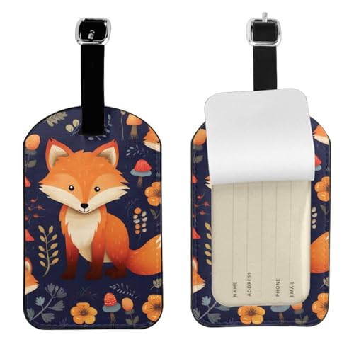 Kofferetiketten aus Leder, niedlicher Fuchs-Blumendruck, Gepäckanhänger, wasserdicht, Reisegepäckanhänger mit verstellbarem Gurt und verstecktem Informationsfenster, 7 cm x 11 cm, 1 Stück von KIPOSTYZTT