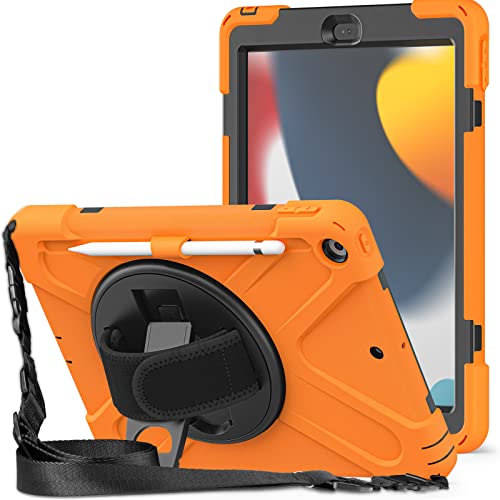KIQ Schutzhülle für iPad 8. und 7. Generation 10.2, strapazierfähig, stoßfest, mit Ständer, Handschlaufe, Stifthalterschlaufe, Trageschlaufe Apple 7/8 10,2 Zoll (25,9 cm) [2019/2020] [Orange] von KIQ