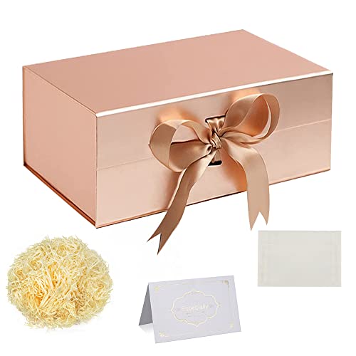 KISPATTI Geschenkbox Set, Roségold Geschenkbox mit Schleife Tiefe Geschenkbox mit Magnetdeckeln 28x18x12cm Geschenkbox zerrissenes Seidenpapier Grußkarten für Weihnachten Geburtstag Hochzeitstag von KISPATTI