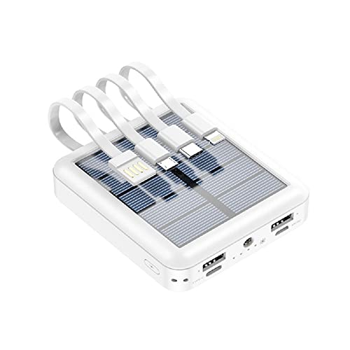 Solar Powerbank 20000mah, Solar Power Bank mit LED Taschenlamp, Wasserdichtes 5V 2A Solar Ladegerät mit 4 Integrierten Kabeln für Smartphones, Tablets, Outdoor Camping und mehr. (Weiß) von KISUFU