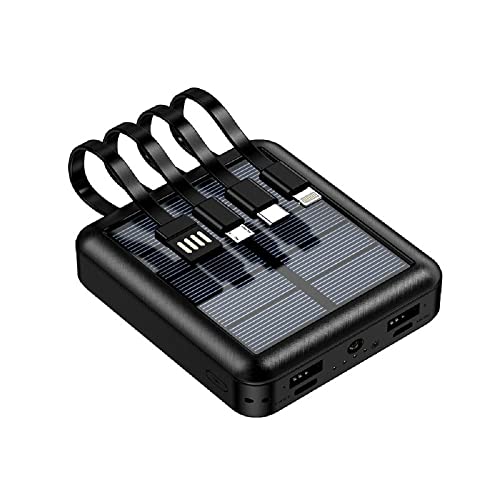 Solar Powerbank 20000mah, Solar Power Bank mit LED Taschenlamp, Wasserdichtes 5V 2A Solar Ladegerät mit 4 Integrierten Kabeln für Smartphones, Tablets, Outdoor Camping und mehr. (schwarz) von KISUFU