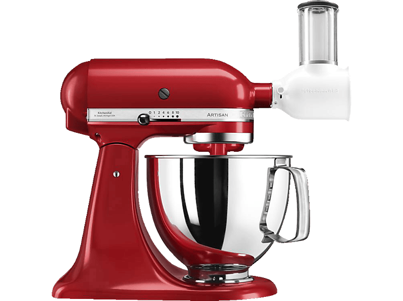 KITCHENAID Veggie Set Artisan 5KSM125EER Küchenmaschine + 5KSMVSA Gemüseschneider Empire Rot (Rührschüsselkapazität: 4,8 l, 300 Watt) von KITCHENAID