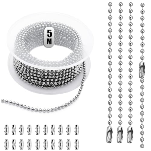 5M Edelstahl Kugelkette, 3 mm Edelstahl Perlen Rollenkette Mit 20 kugelketten Verbinder, Silber Durchmesser Kugelkette für DIY Schmuckherstellung Tags Kette Schlüsselanhänger von KITRDOOR