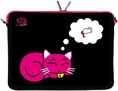KITTY TO GO LS143-13 Designer Mac Book Tasche 13 Zoll aus Neopren passend als iPad Pro Case 12.9 bis 13.3 Zoll (33.8 cm) MacBook Air Bag Katze schwarz-rosa von KITTY TO GO