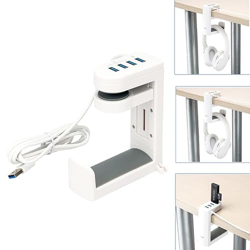 KIWIFOTOS Kopfhörerständer mit USB-Hub, Untertisch-Headset-Aufhänger mit 4 USB-Anschlüssen (1 USB 3.0 + 3 USB 2.0) & Kabelclip, 360° drehbare verstellbare Headset-Halterung für Kopfhörer, Weiss von KIWIFOTOS