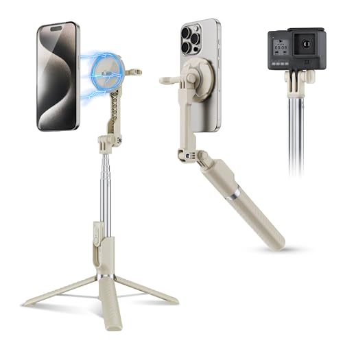 KIWIFOTOS Magnetisches Stativ für iPhone, MagSafe-Selfie-Stick für iPhone 16, 15, 14 Pro Max, mit Abnehmbarer Fernbedienung, für Reisen, Selfie, Vlogging, Video, tragbares Smartphone-Stativ (Beige) von KIWIFOTOS